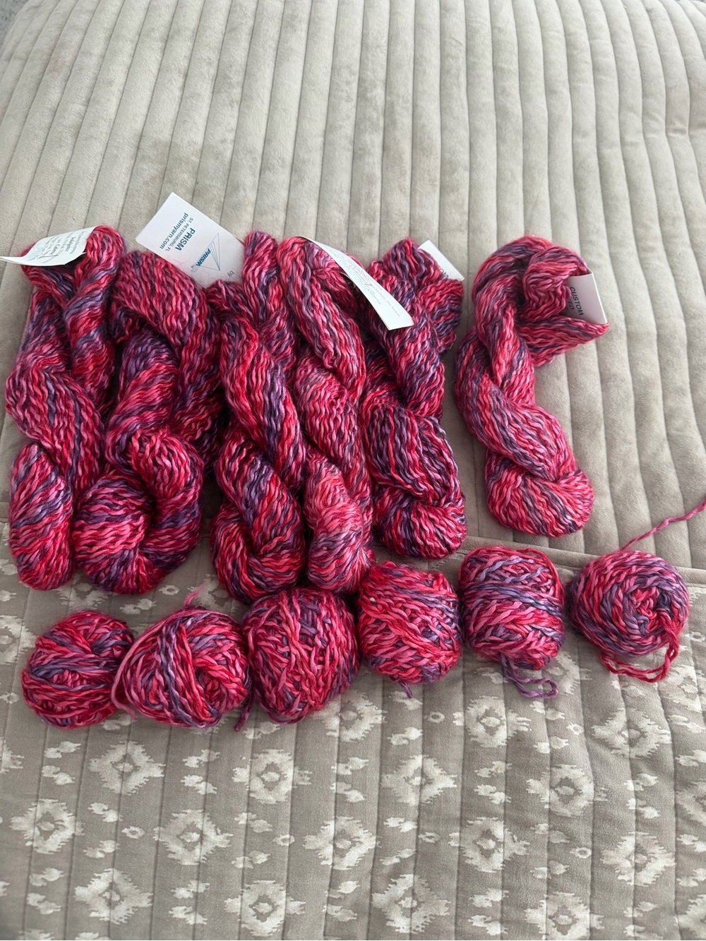 Prism indulgence Hand-Dyed Pink & Purple Yarn Skeins -6 new skeins and 6 balls